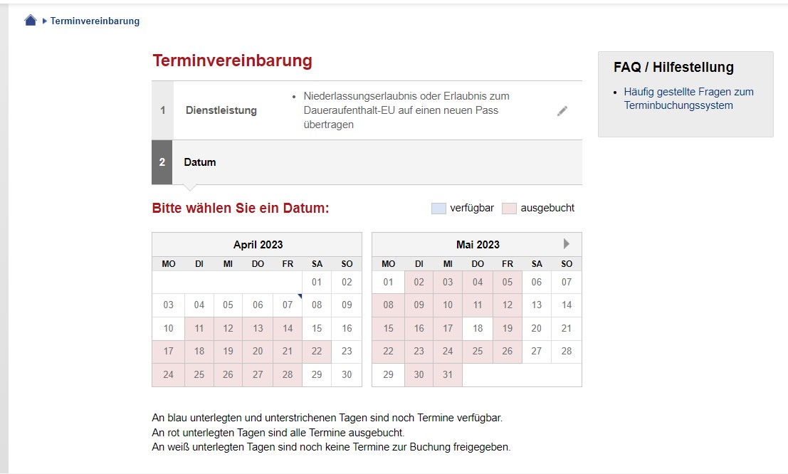 A screen on the Berlin Bürgeramt website that shows the dates of April and May and has no appointments available