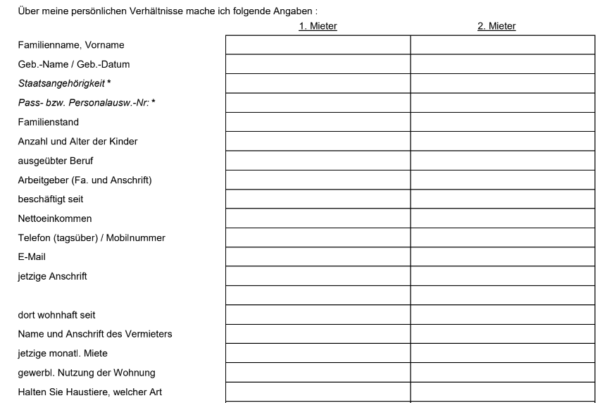 Sample application form - Selbstauskunft