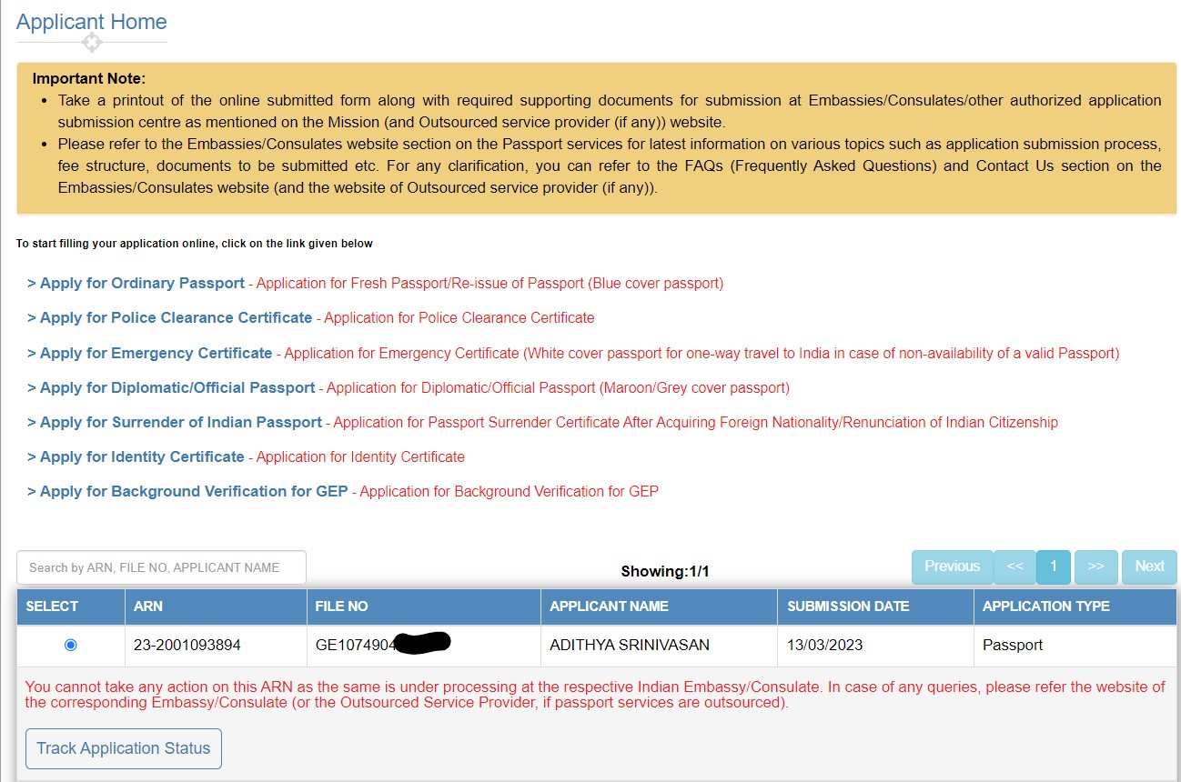 Shows a table with your application number and a track application button next to it to view your application status