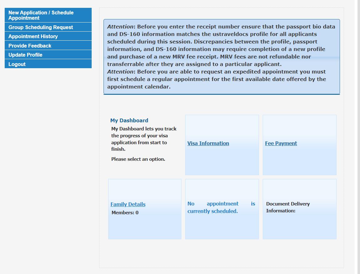 US Visa Appointment screen