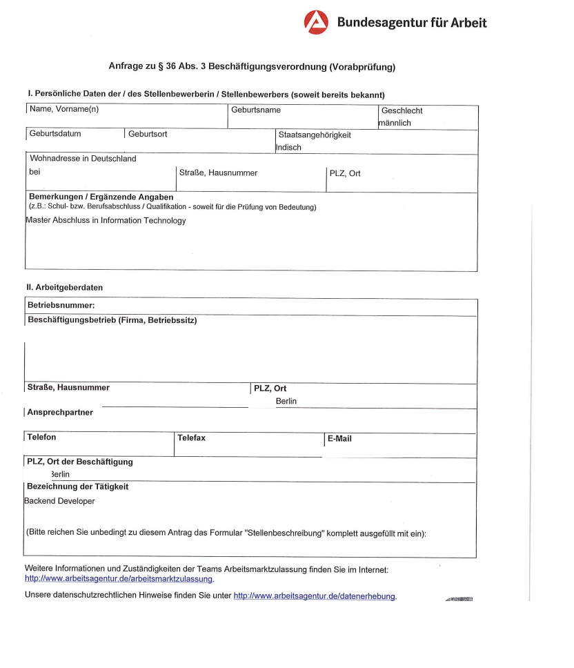 Pre-approval application from ZAV Germany